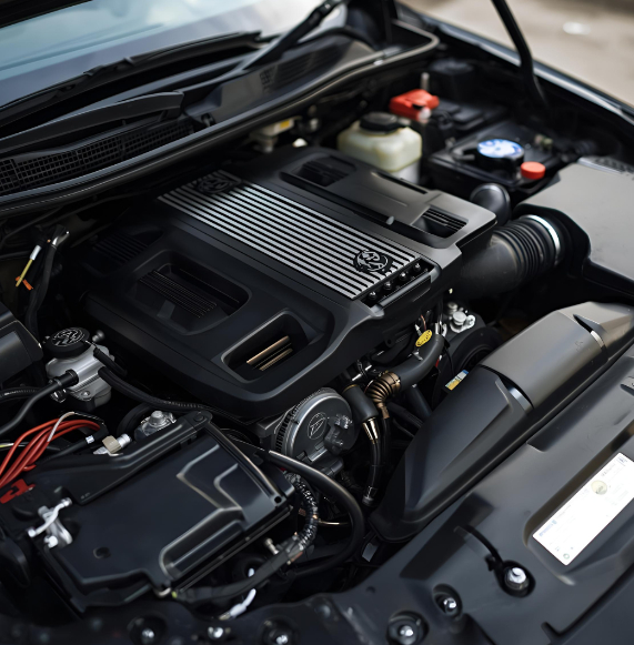 Car hood open viewing an engine